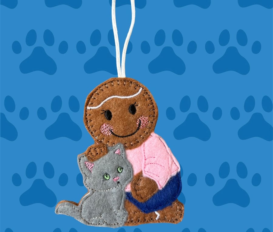 Cat love Gingerbread lady Embroidered Hanging Keepsake