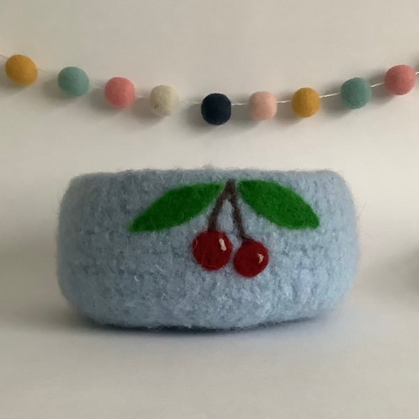 FELTED 'FUSSPOT' BOWL, desk tidy  . Blue, with cherry motif.