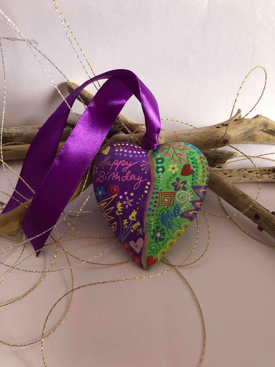 Happy birthday hand painted wooden heart