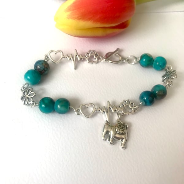 Silver Bracelet, British Bulldog Charm, Turquoise Glass Beads, 7.5” length