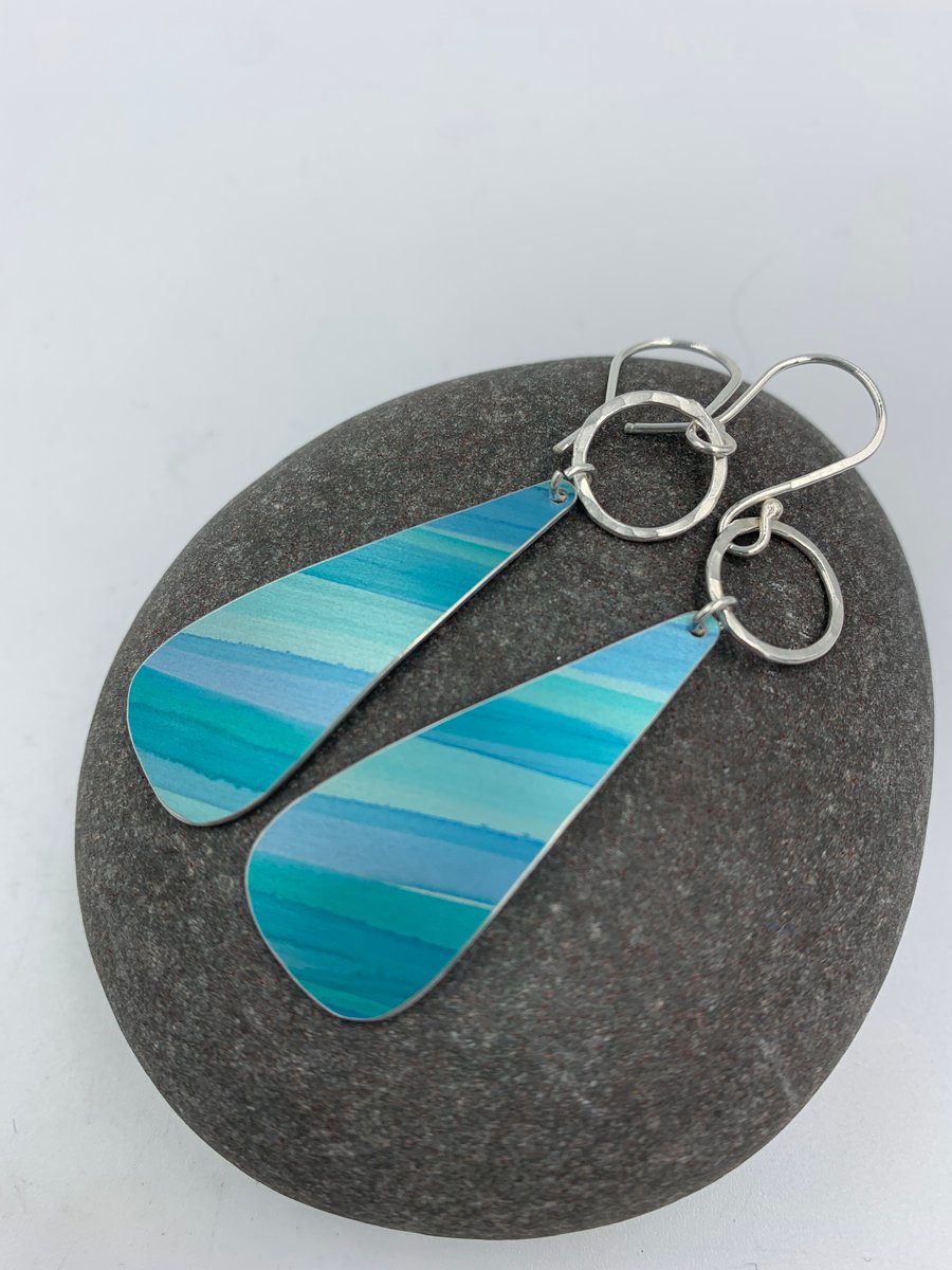Turquoise striped drop earrings with silver ring