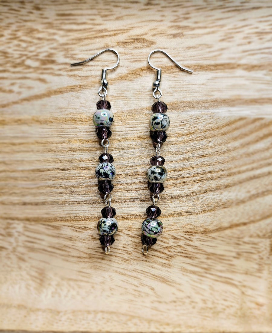 Purple Beaded Dangle Earrings 
