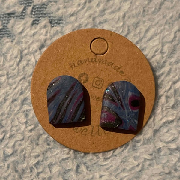 Handmade Polymer Clay Purple Marble Mix Stud Earrings.