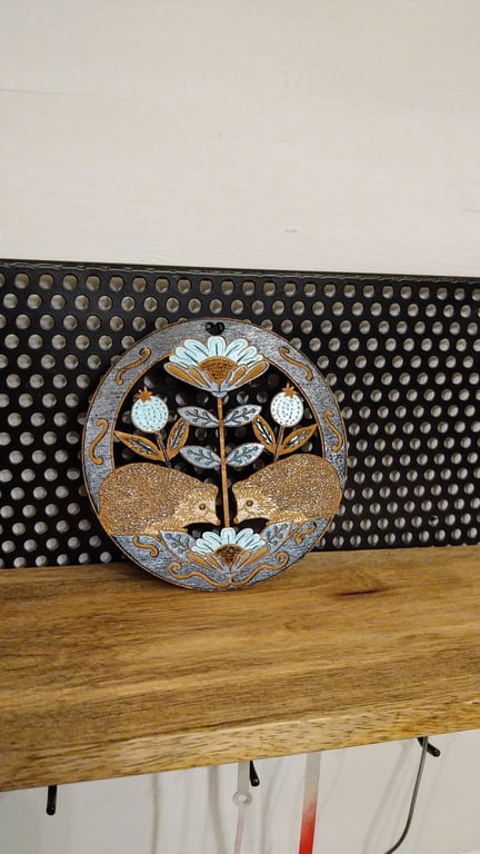 Hedgehog and flowers wooden decoration, laser etched and cut in wood,