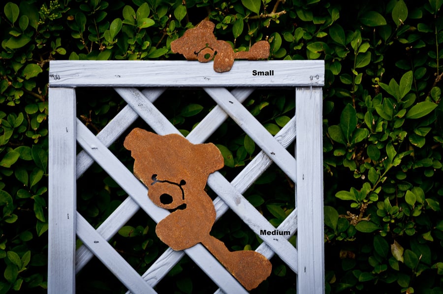 Medium Metal Teddy Bear Fence Ornament, Rusty Garden Wall Art, Garden Gift