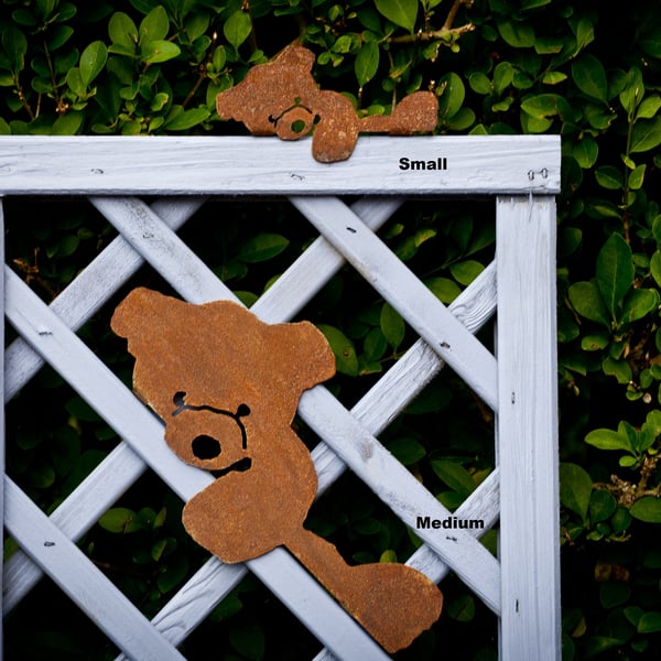 Medium Metal Teddy Bear Fence Ornament, Rusty Garden Wall Art, Garden Gift