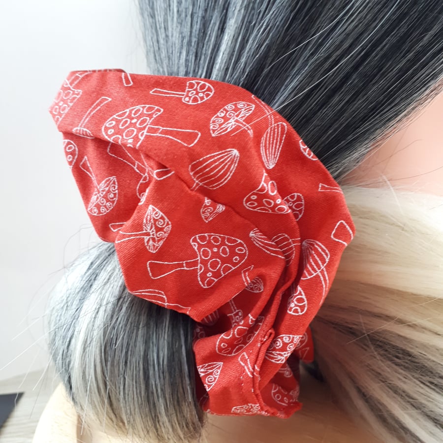 X-Large Wide Cotton Scrunchies Thick Elastic, Red Mushrooms, Boho, D10