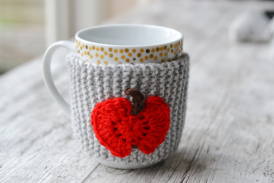 Apple Grey Mug Hug Cup Cozy Hand Knitted 