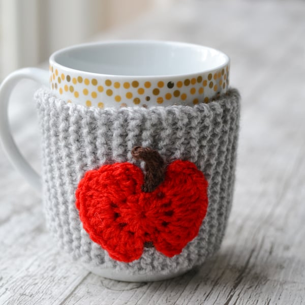 Apple Grey Mug Hug Cup Cozy Hand Knitted 
