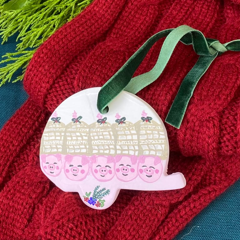 Pigs in Blankets, Hygge Piggies - hand-painted hanging decoration (one)