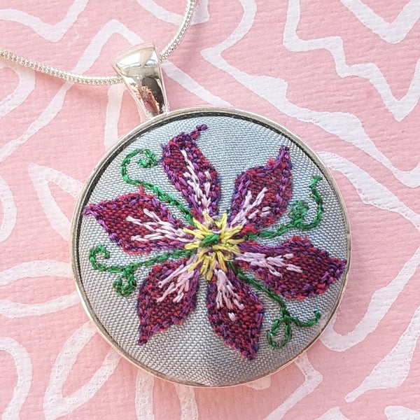 Clematis flower embroidered necklace pendant