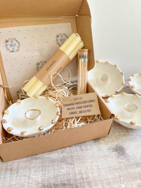 Handmade porcelain gold dot candle holder gift set 