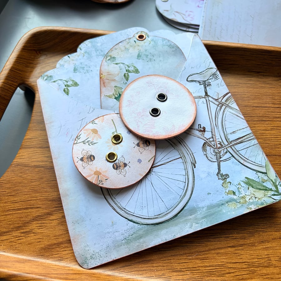 Handmade Vintage Bicycle Floral Paper Buttons, Bookmark and Paper Pocket