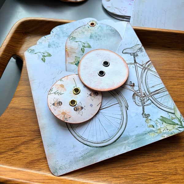 Handmade Vintage Bicycle Floral Paper Buttons, Bookmark and Paper Pocket