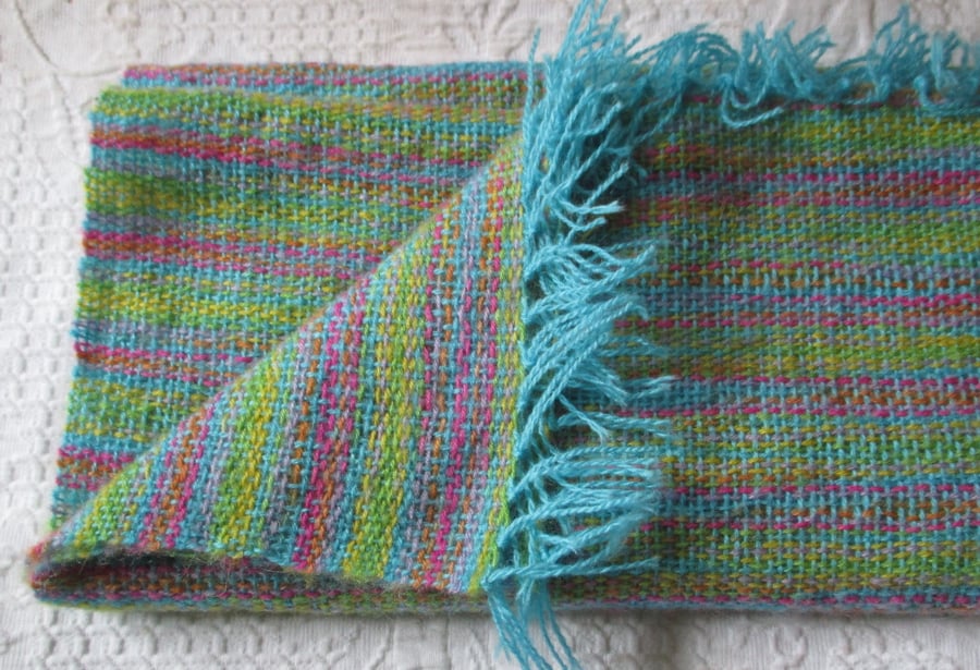 Hand Woven Angora Scarf, aquamarine with dashes of the rainbow.