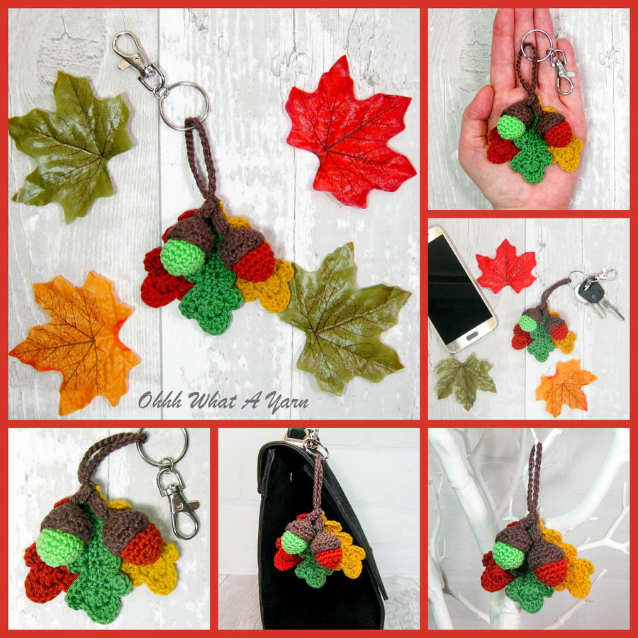 Acorn and oak leaves crochet bag charm. Acorn key ring. Copper and green.