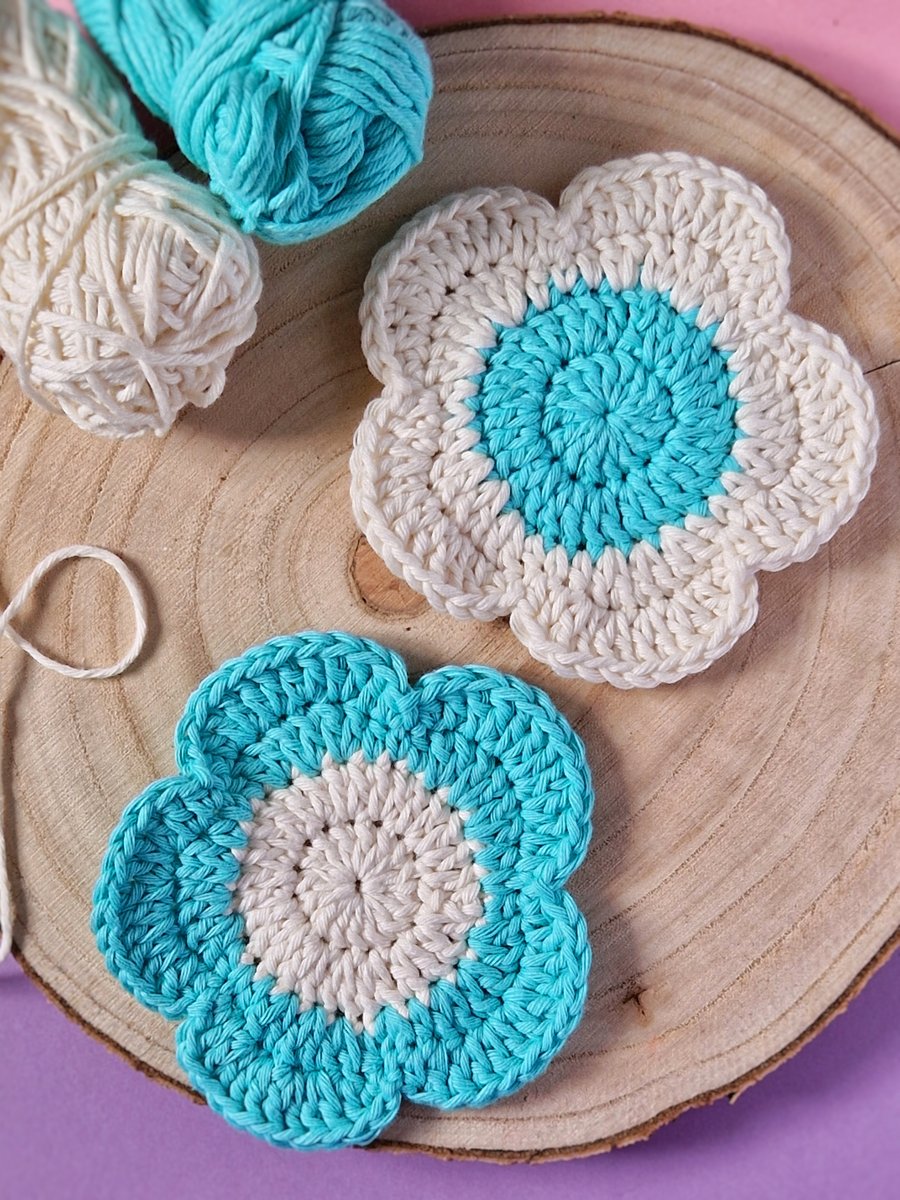 Flower Coasters set of 2, Blue and Cream Flowers, Kitchen Flower Decor