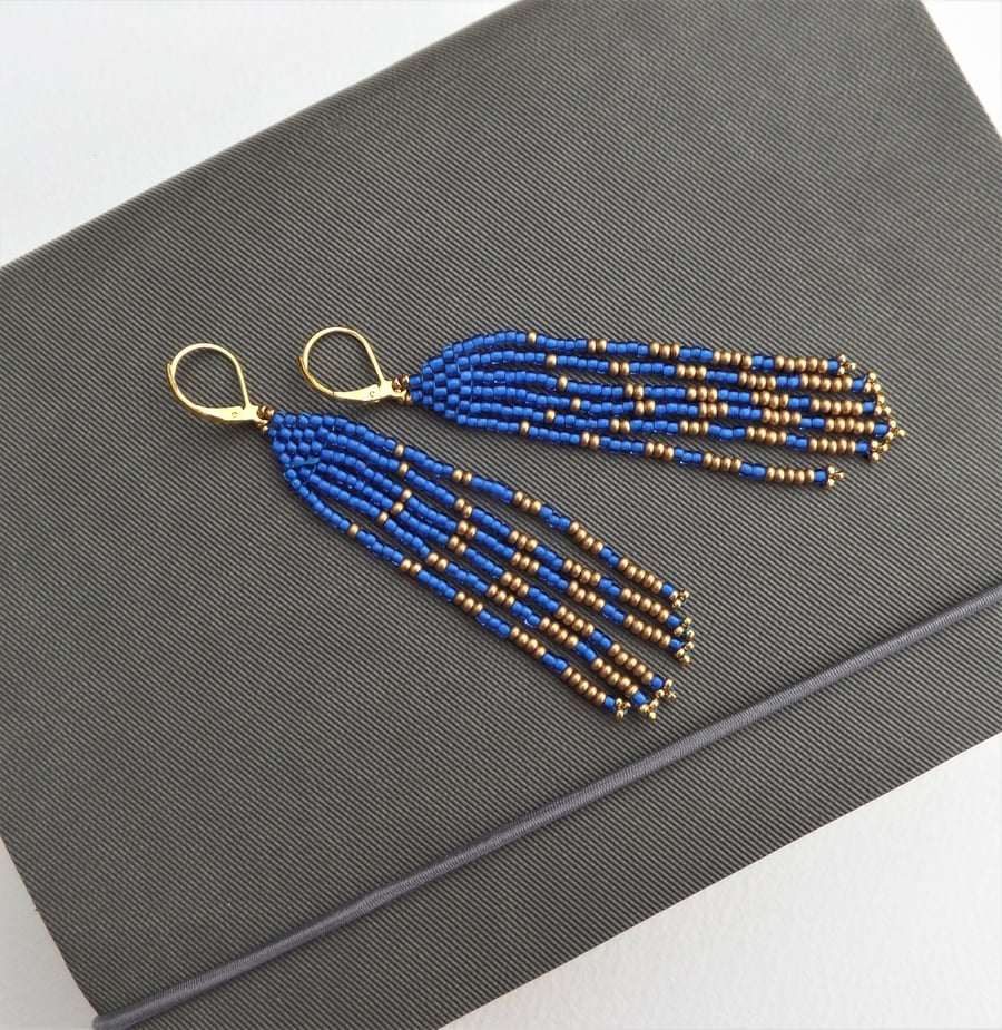 Blue Fringe Earrings, Native American Inspired Bright Blue & Gold Long earrings