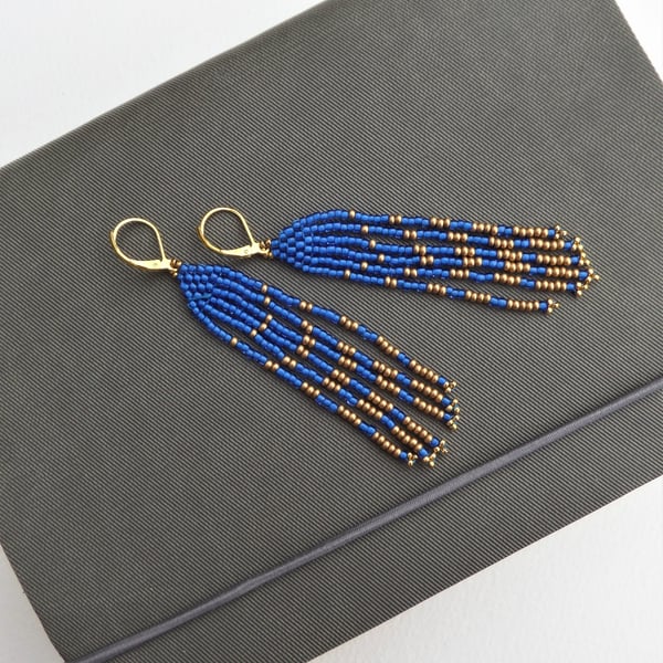 Blue Fringe Earrings, Native American Inspired Bright Blue & Gold Long earrings