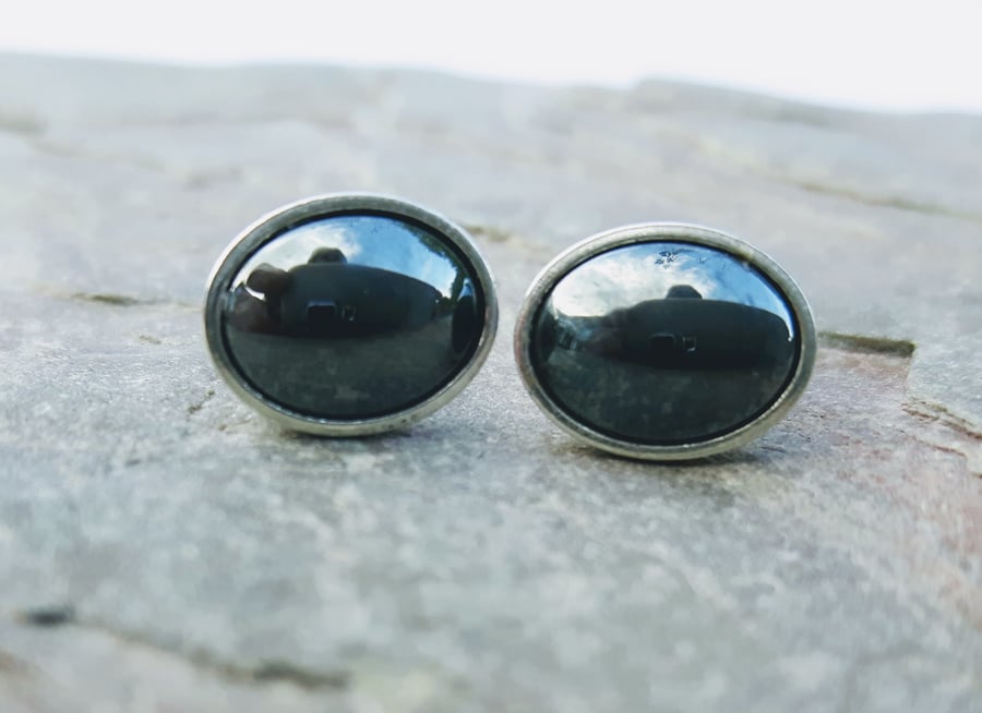 Sterling Silver Oval Stud Earrings with Haematite 