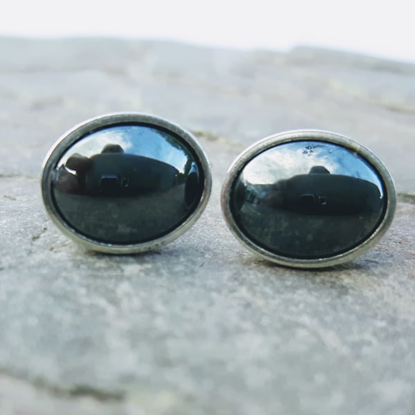 Sterling Silver Oval Stud Earrings with Haematite 