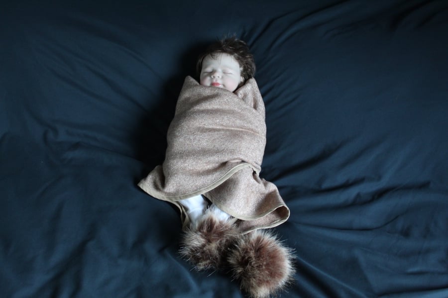 Handmade Sparkle Jersey Baby Shawl – Fawn with Faux Fur Pom Poms (110 cm)   