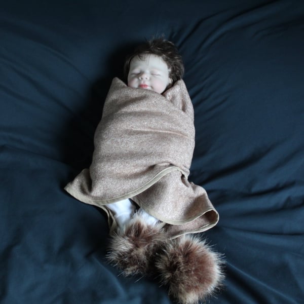 Handmade Sparkle Jersey Baby Shawl – Fawn with Faux Fur Pom Poms (110 cm)   