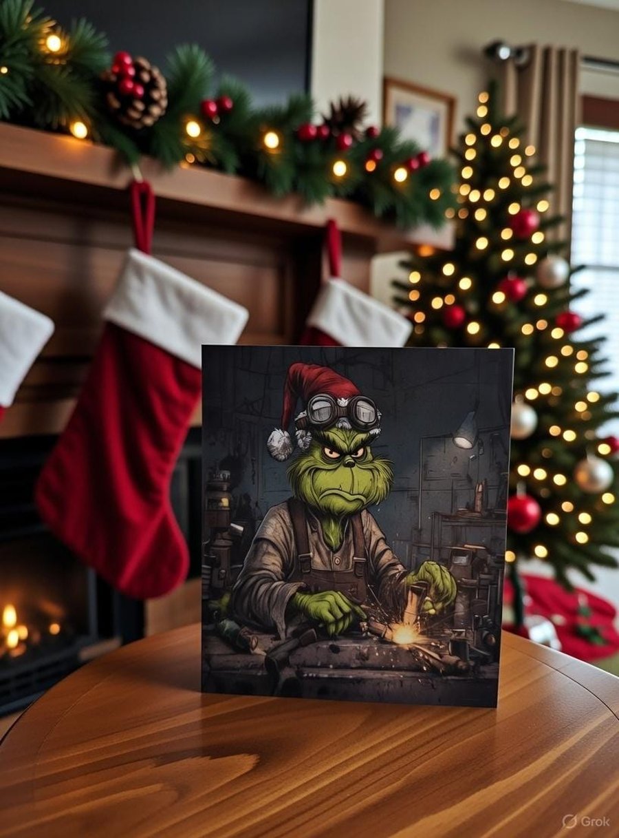 Funny Grinch Welder Christmas Card Fab Shop Holiday Card