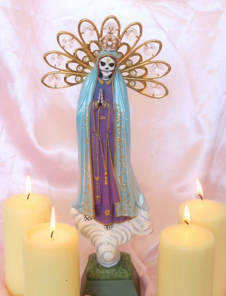 Hand Painted Kitsch Day Of The Dead Virgin Mary Statue 