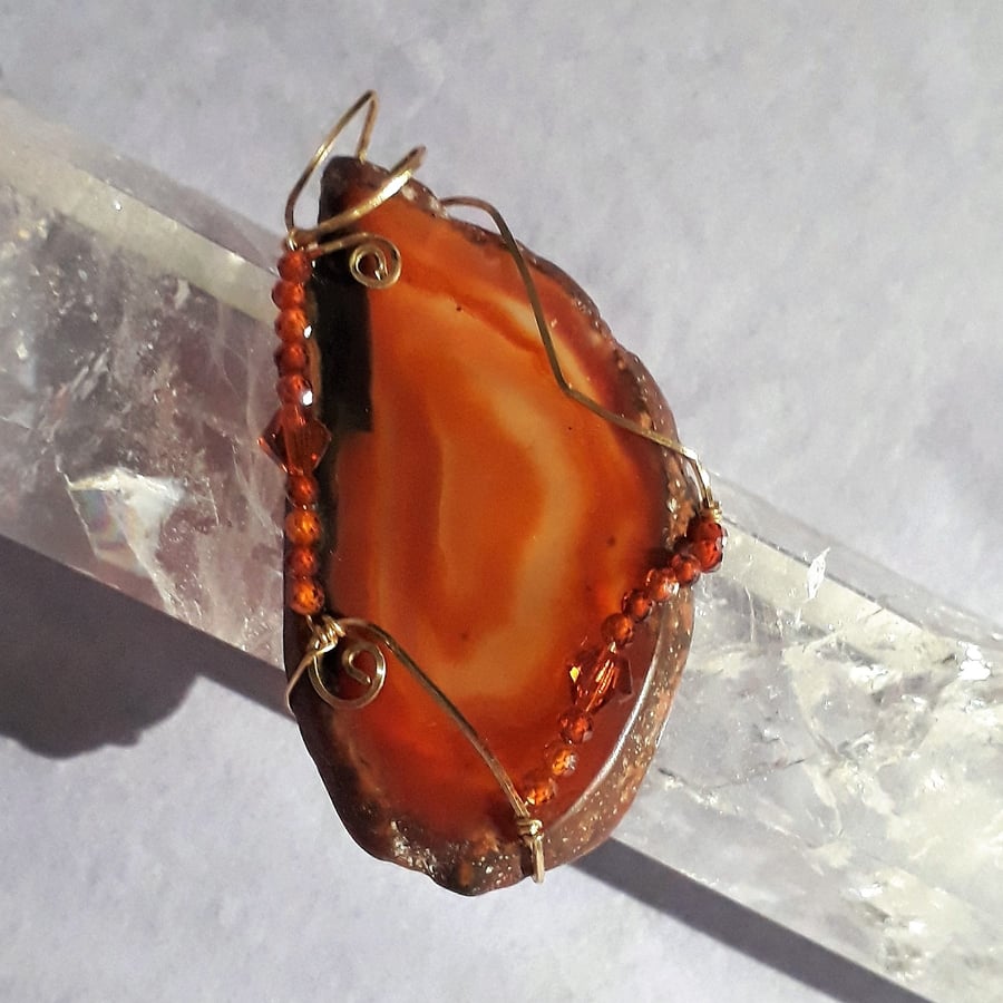 Wire Wrapped Red Agate Slice Pendant