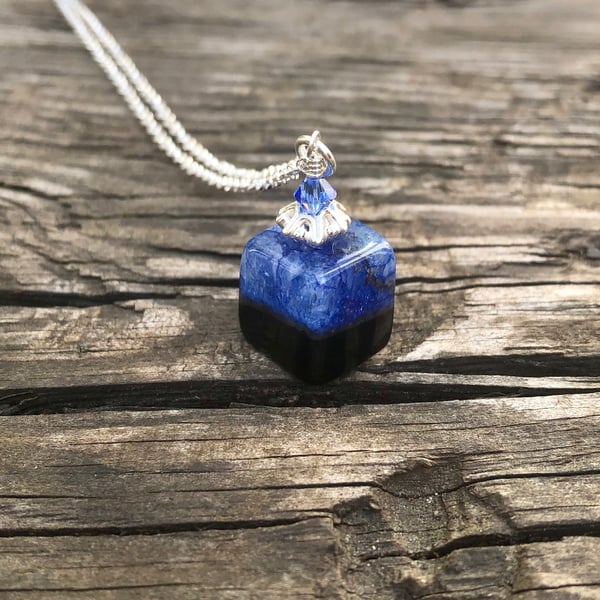 Blue Agate Cube With Karen Hill Tribe Silver and Swarovski Crystal Necklace