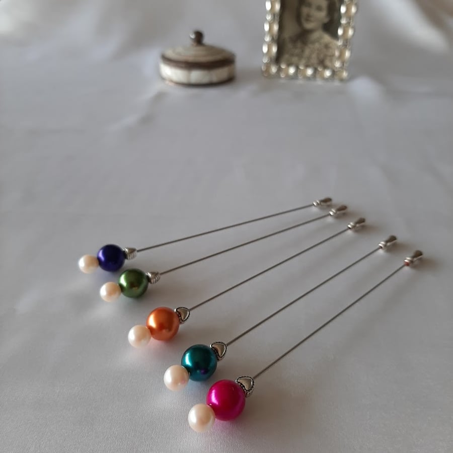 Coloured Pearl Bead Hat Pin - Deep Shades