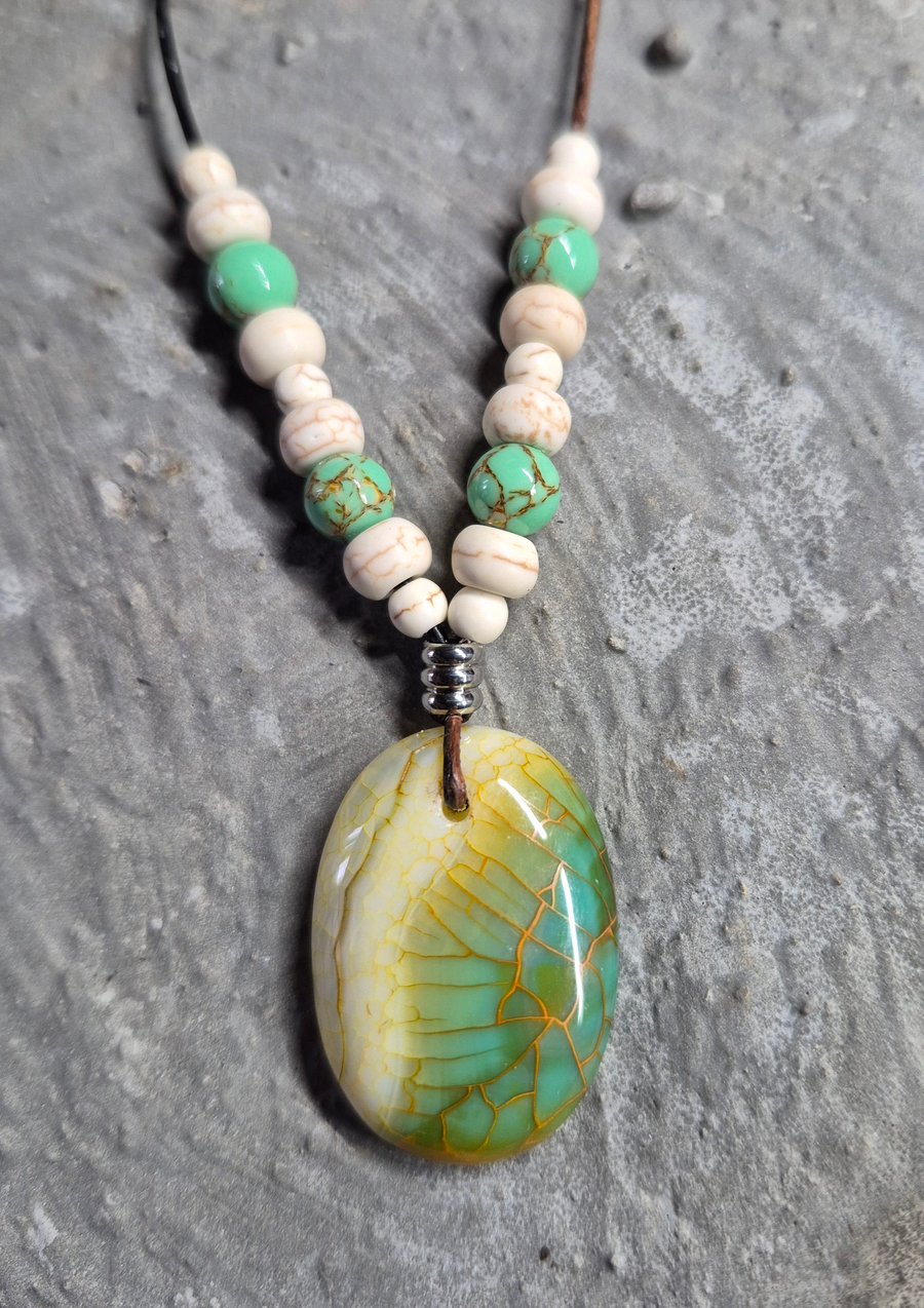 Yellow Green Dragon Veins Agate Oval Pendant