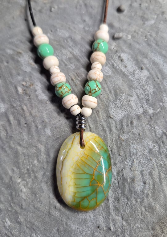 Yellow Green Dragon Veins Agate Oval Pendant