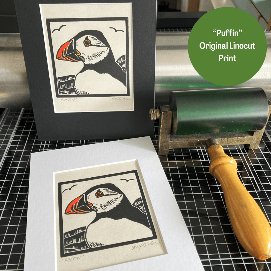Lino Print - Puffin - Handprinted - Puffins