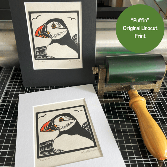 Lino Print - Puffin - Handprinted - Puffins