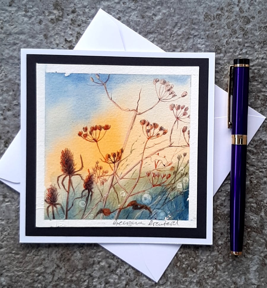 Teasles and Seedheads Handpainted Blank Card. Letterbox Gift. Keepsake