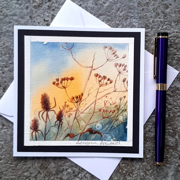 Teasles and Seedheads Handpainted Blank Card. Letterbox Gift. Keepsake