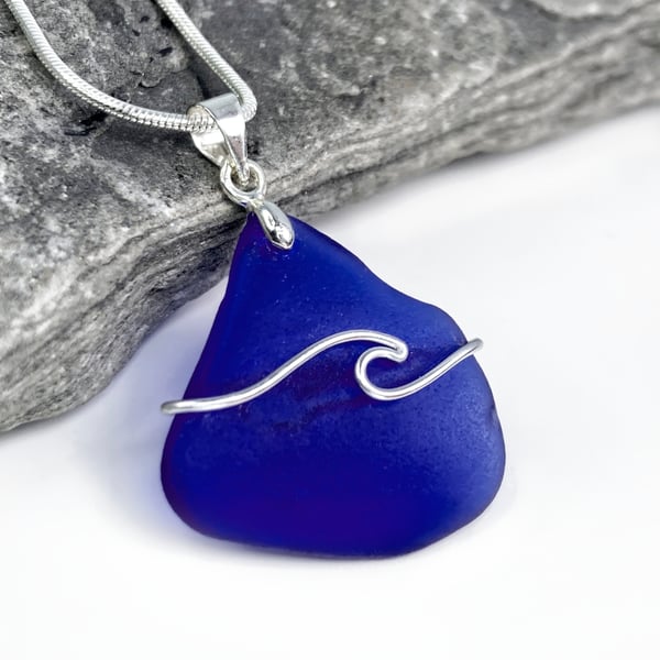 Sea Glass Pendant - Cobalt Blue - Silver Wire Wrapped Wave Necklace Jewellery