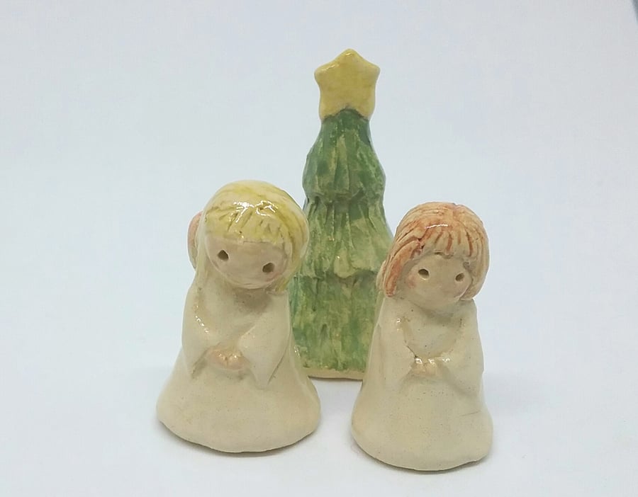 Handmade ceramic angels and Christmas tree cake toppers for baking & decorating 