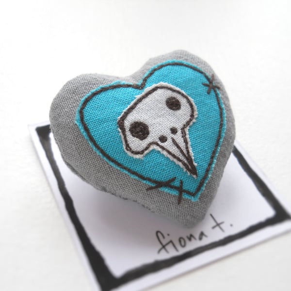 freehand embroidered chicken skull heart textile brooch teal blue