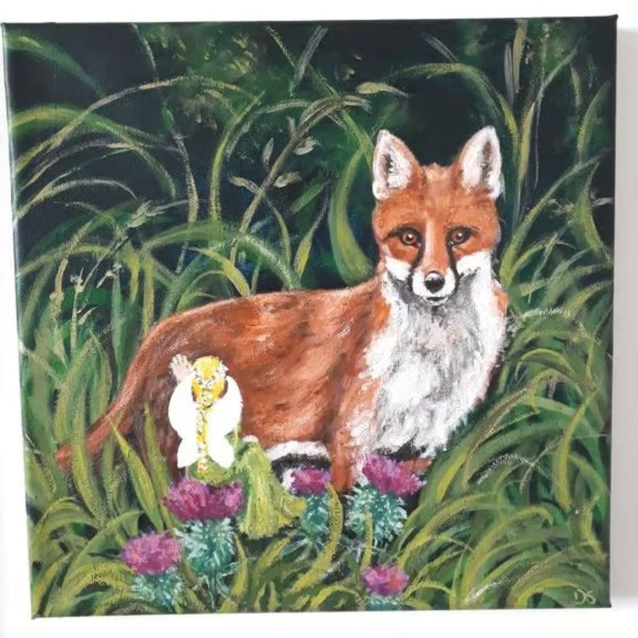 Fairy friends, original painting. Red Fox and fairy with scottish thistles.   