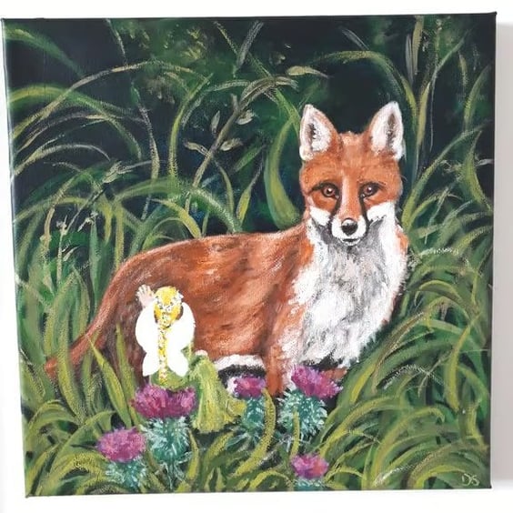 Fairy friends, original painting. Red Fox and fairy with scottish thistles.   