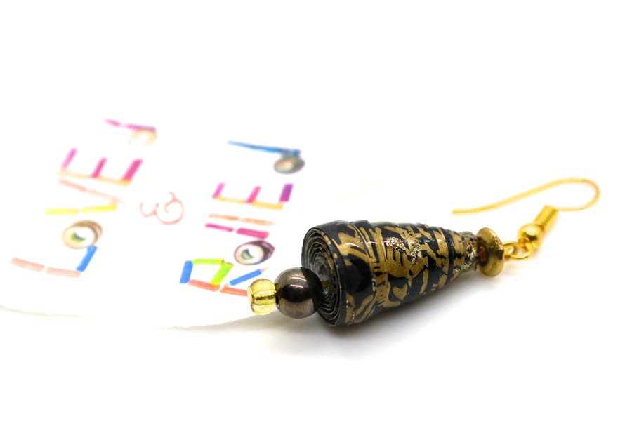 Black and gold Earrings made with bell shaped paper bead