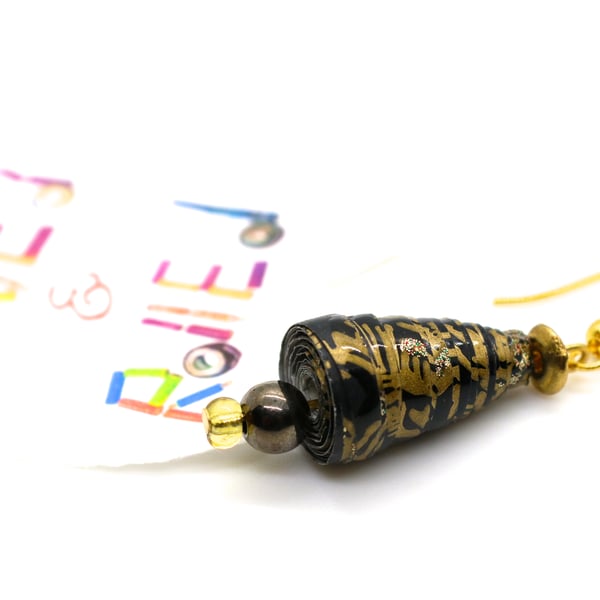 Black and gold Earrings made with bell shaped paper bead