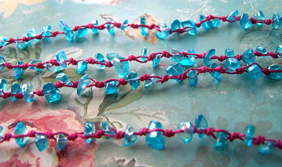 Blue Knotted Necklace, Turquoise & Pink, Long Bead Necklace, Summer Boho Chic