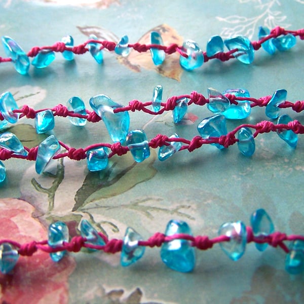 Blue Knotted Necklace, Turquoise & Pink, Long Bead Necklace, Summer Boho Chic
