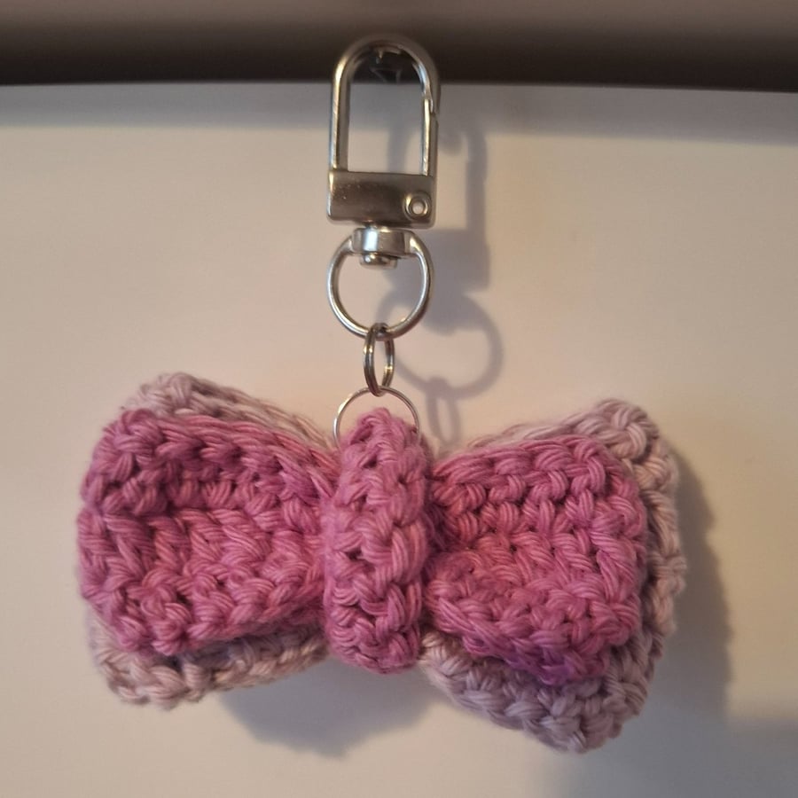 Crochet double bow bag charm - purple