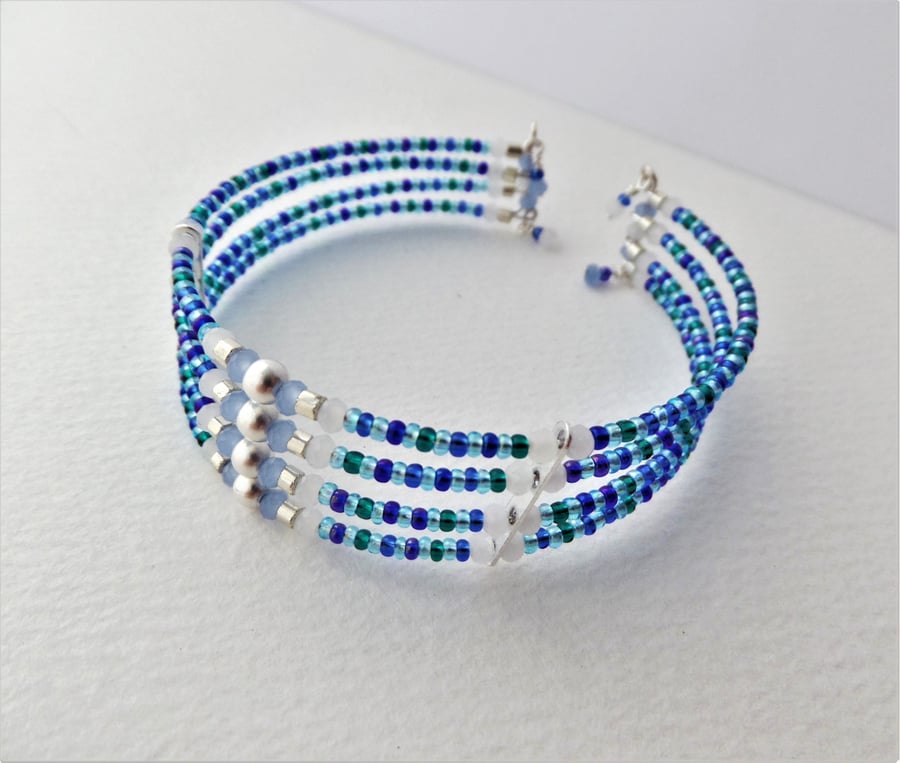 Beaded Cuff Bracelet, Blue and Silver Memory Wire Cuff