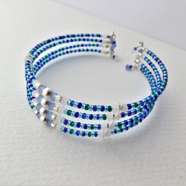 Beaded Cuff Bracelet, Blue and Silver Memory Wire Cuff